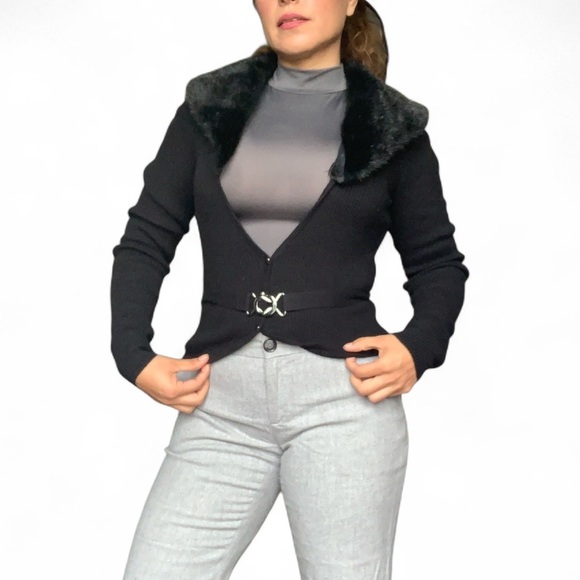 Guess by Marciano Sweaters - Guess by Marciano Black Cardigan with Faux Fur Collar